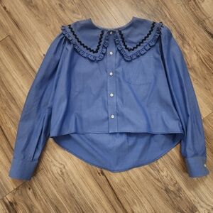 Re-styled Men's Shirt Blue Peter Pan Collar Ric-rac Trim Size Small